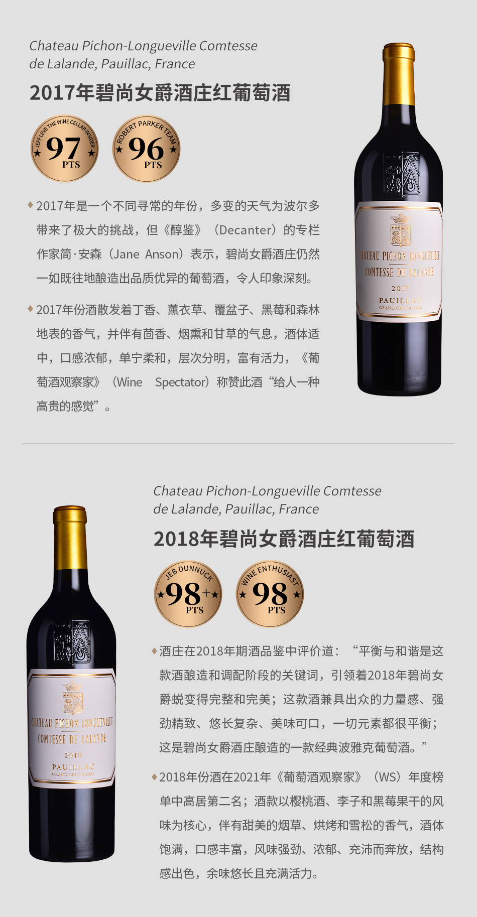 【垂直品鉴套装】碧尚女爵酒庄红葡萄酒（2015-2018年份）