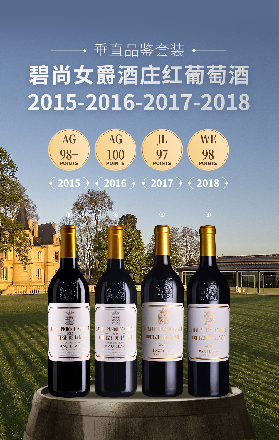 【垂直品鉴套装】碧尚女爵酒庄红葡萄酒（2015-2018年份）